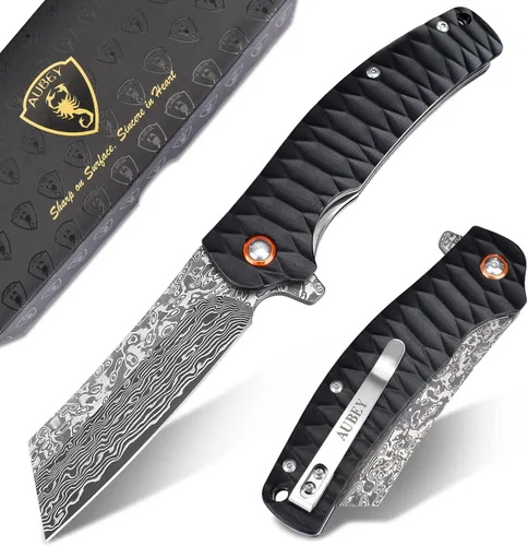 Cuchillo de bolsillo AUBEY de Damasco, hoja de acero de Damasco de 3.34" con molino hueco, cuchillo plegable con rodamiento de bola, mango de