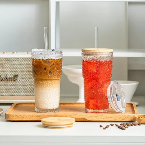 Miniatura 2 de SoulTimes Vaso de vidrio de flor de begonia de 20 onzas con tapas y popotes, 2 tazas de vidrio para café helado para batidos, matcha, jugo, agua
