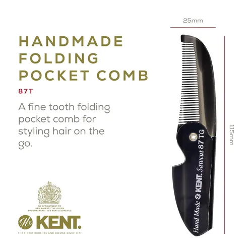 Miniatura 2 de Kent 87T - Peine de bolsillo plegable hecho a mano de grafito para hombres, peine alisador de pelo de dientes finos para el cuidado diario