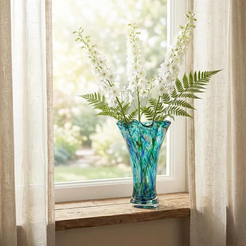 Miniatura 6 de Floreros de cristal aguamarina de 9.0 pulgadas de alto para flores, jarrón único de vidrio soplado a mano, decoración del hogar, jarrón de flores