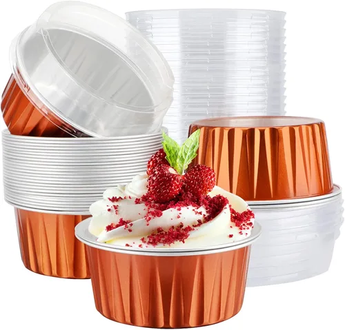 Miniatura 10 de EUSOAR Tazas de aluminio para hornear, paquete de 30 tazas de 5 onzas para cupcakes con tapas, moldes de pastel de 4.2 fl oz, flanes de postres, Azul