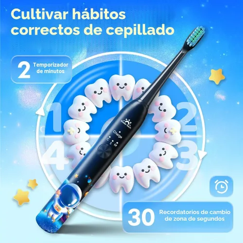 Miniatura 5 de Cepillo de dientes eléctrico recargable para niños de 3-5-6-12-18 años, cepillo de dientes sónico para niños con temporizador, 3 modos, 4 cabezales