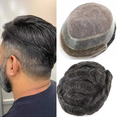 Miniatura 13 de HAPPY&CC Toupee - Piezas de cabello humano con encaje frontal suizo para hombre, parte superior fina mono con poliuretano alrededor de sistema de #1B