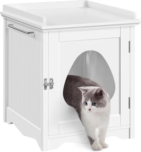 Miniatura 11 de Yaheetech Caja de arena para gatos, muebles de arena ocultos, baño para gatos, jaula para mascotas, banco de almacenamiento decorativo para Blanco