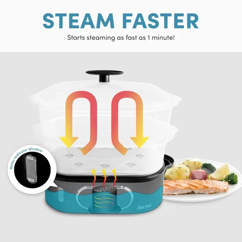 Miniatura 2 de AROMA® Cesta de vapor de alimentos doble y vaporizador eléctrico de arroz con nivel de agua de fácil lectura y temporizador