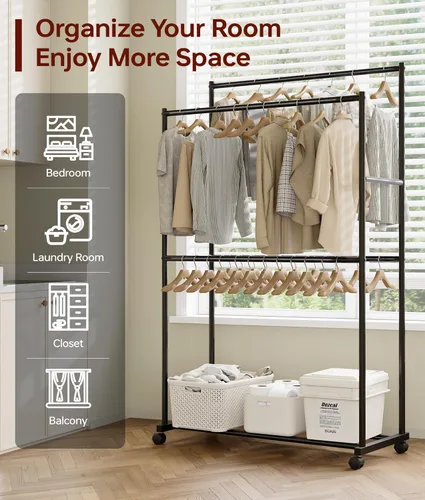 Miniatura 7 de Perchero de ropa de 36.2 x 21.3 x 72 pulgadas, 4 barras de doble barra de metal con ruedas para colgar ropa, perchero portátil con ruedas para Negro