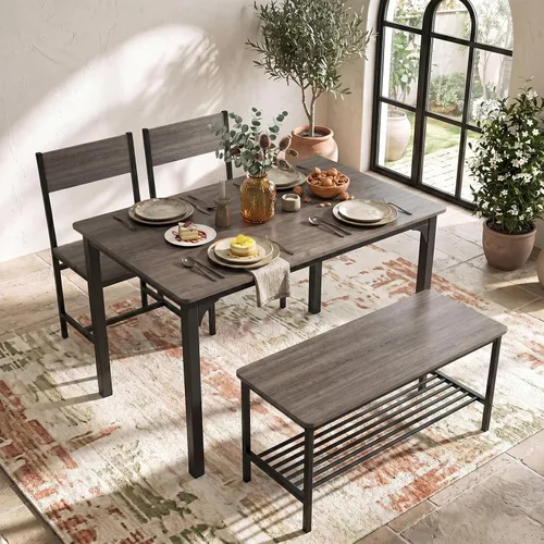 Miniatura 10 de COSTWAY Dining Table Set for 4, Space-Saving Dining Room Table with Bench and 2 Chairs, Storage Rack & Anti-Slip Foot Pads, Industrial Kitchen Table