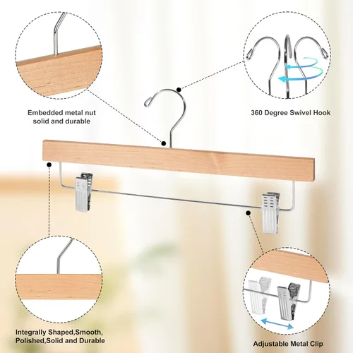 Miniatura 2 de Quality Hangers Perchas de madera para pantalones, paquete de 20 ganchos giratorios para ropa, falda de madera de loto, pantalones, pantalones
