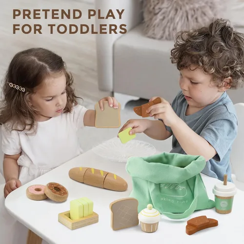 Miniatura 6 de 17 piezas de juego de alimentos de juguete de panadería de madera para niños, juego de alimentos de picnic de simulación para niños de 3 años