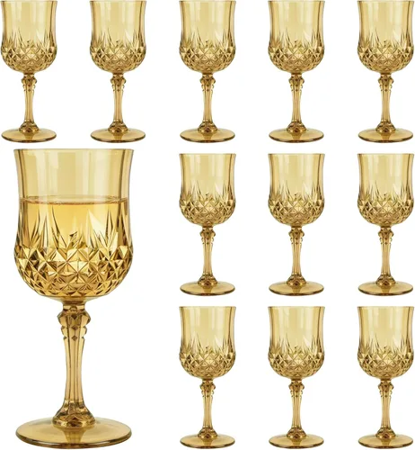Copas de vino de plástico, estilo vintage para beber cordiales, ideales para recepciones de bodas y fiestas (12, dorado)
