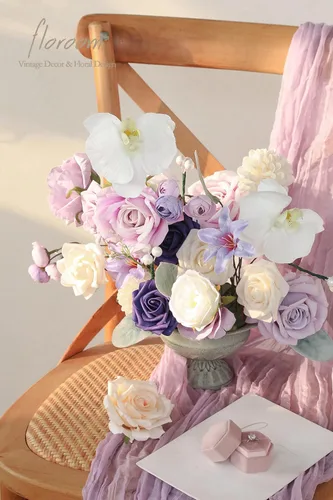 Miniatura 2 de Floroom - Flores artificiales de aspecto real en color lila, lavanda, púrpura y crema, rosas falsas, dalias y vegetación en conjunto de caja