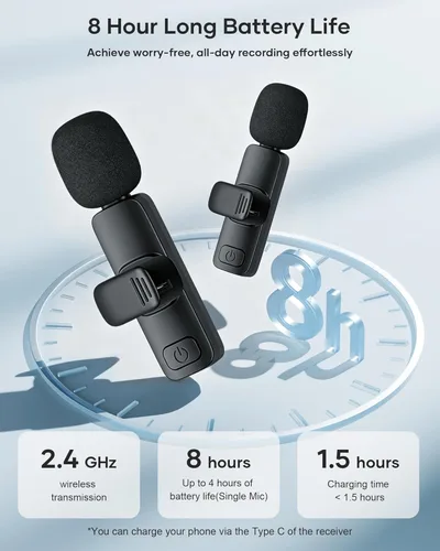 Miniatura 5 de Paquete de 2 micrófonos de solapa inalámbricos para iPhone, iPad y teléfono Android, micrófono de solapa Plug and Play, micrófono inalámbrico