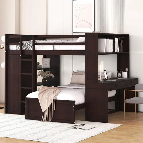 Miniatura 11 de Litera individual sobre individual con escritorio, armario y estantes, marco de cama tipo loft de madera maciza con una cama independiente, literas