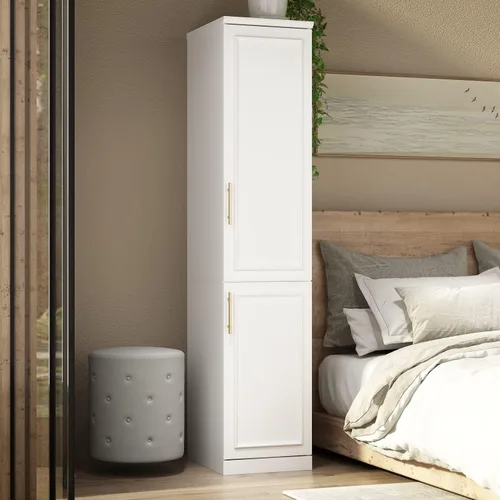 Miniatura 3 de ECACAD Armario delgado blanco con 2 puertas, estantes de 3 niveles y barra para colgar, armario de almacenamiento de madera para dormitorio