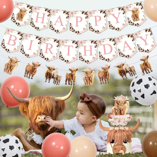 Miniatura 3 de Decoraciones de cumpleaños de vaca de las montañas para niña, suministros de fiesta floral retro bohemia, pancarta de feliz cumpleaños, guirnalda