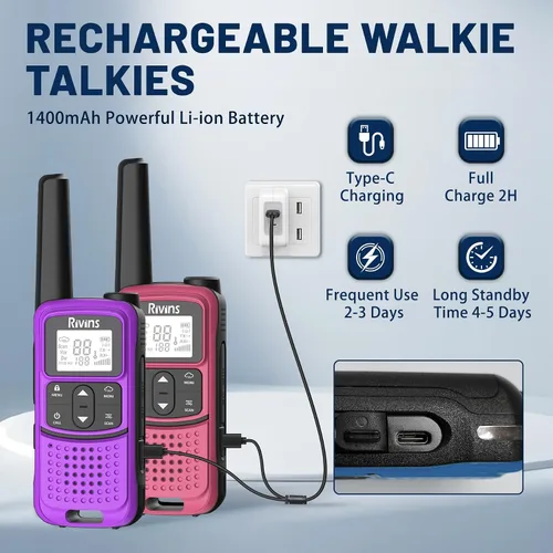 Miniatura 3 de Radios Walkie Talkies de largo alcance: Walkie Talkies recargables Rivins F22 para adultos, NOAA, batería de 1400 mAh, cable USB-C, linterna, VOX