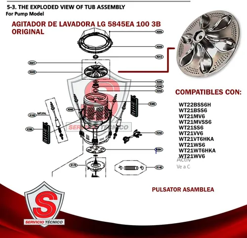 Miniatura 3 de LG 5845EA1003B Conjunto de placa pulsadora/placa de lavado para lavadoras LG