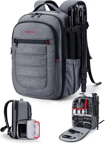 Miniatura 8 de BAGSMART Mochila para cámara, bolsas expandibles para cámara DSLR SLR para fotógrafos, mochila de viaje para fotografía con compartimento para Gris