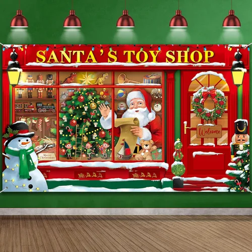 Pancarta de fondo de Navidad – Fondo de tienda de juguetes de Papá Noel para fotos de fiestas navideñas, 72.8 x 43.3 pulgadas (clásico)