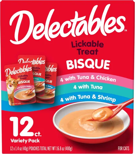 Delectables Golosinas húmedas para lamer para gatos - Pollo, atún y camarones, 12 unidades
