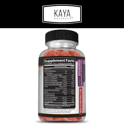 Miniatura 2 de Kaya Naturals Gomitas multivitamínicas para adultos, biotina, vitamina A, C y E, incluyendo zinc y vitamina B-12, ácido fólico, sabor a fresa
