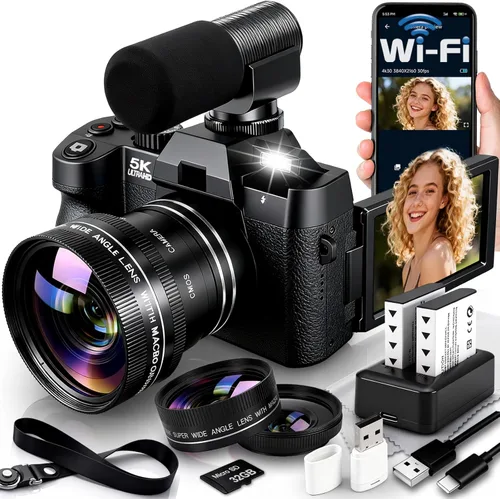 Cámara digital 5K para fotografía con WiFi 48MP cámara de vlogging para principiantes con pantalla abatible, gran angular y lente macro, micrófono,