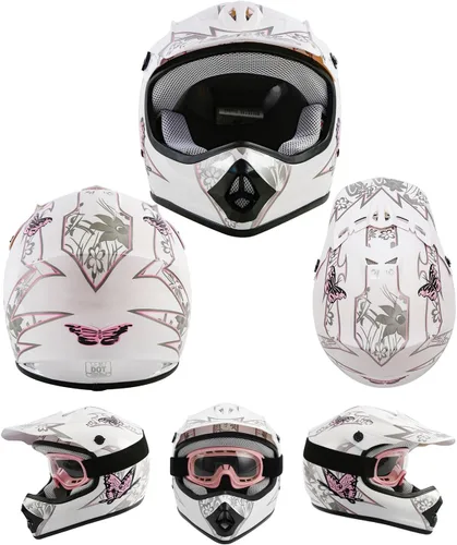 Miniatura 10 de TCT-MOTORPARTS DOT Cascos de Cara Completa para Jóvenes y Niños de Dirt Bike, Motocross ATV Todoterreno, Casco de Cuatro Ruedas, Mariposa Rosa
