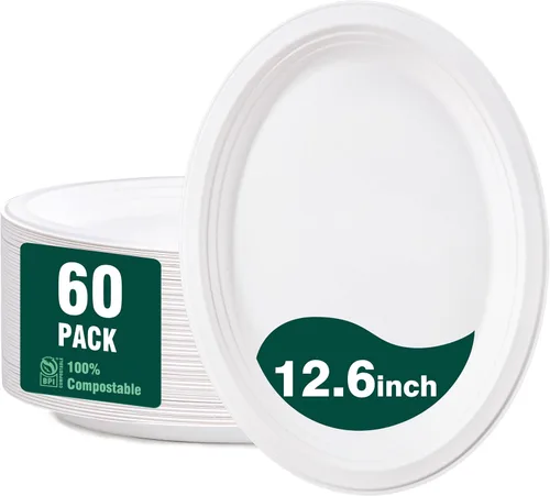 Miniatura 12 de DaYammi Platos de papel 100 % compostables de 9 pulgadas, paquete de 60 platos de papel resistentes a granel, bagazo biodegradable, plato desechable