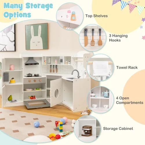 Miniatura 5 de Juego de cocina de esquina de madera para niños con luces y sonidos, juego de cocina de juguete con traje de chef, cocina para niños pequeños