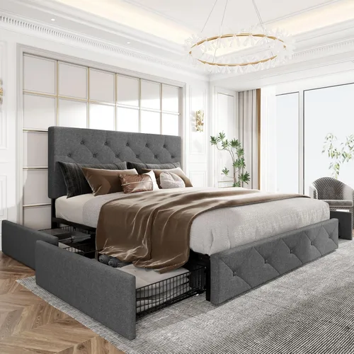 Miniatura 18 de HOOMIC Base de cama de almacenamiento de plataforma de tamaño matrimonial con 4 cajones y cabecera ajustable, listones de madera, no necesita Gris