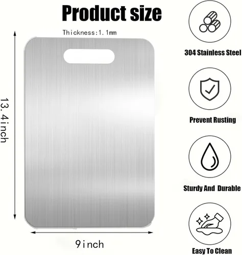 Miniatura 7 de Tabla de cortar de acero inoxidable 304 para cocina, tabla de cortar de doble cara con mango para carne, verduras, frutas y pan, fácil de limpiar