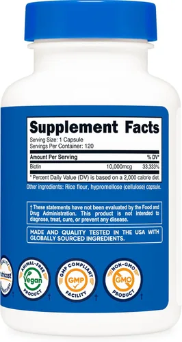 Miniatura 5 de Nutricost Biotina (Vitamina B7) 10,000 mcg (10 mg), 120 cápsulas - Vegano, Sin gluten, Sin OMG