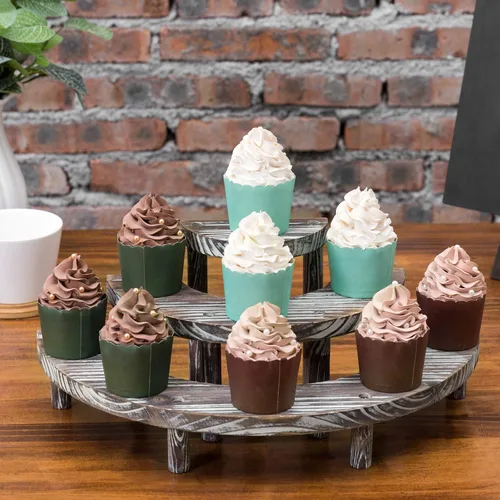 Miniatura 3 de MyGift Soporte de postre rústico de 3 niveles, elevadores de exhibición de magdalenas de semicírculo de madera quemada