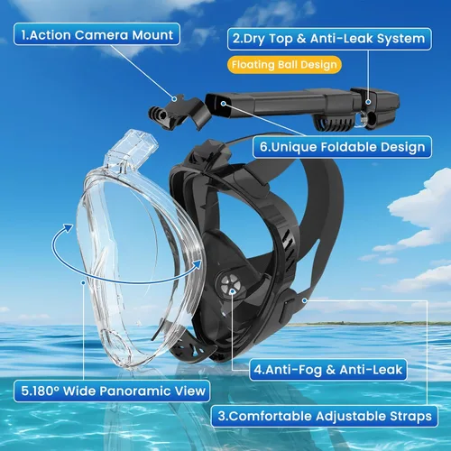 Miniatura 2 de Máscara de esnórquel de cara completa, equipo de esnórquel para adultos, máscara de buceo con parte superior seca y soporte de cámara desmontable