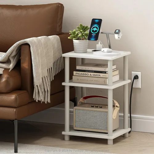 Miniatura 2 de Furinno JUST - Mesa auxiliar moderna de 3 niveles con estación de carga, mesita de noche de fácil montaje, mesita de noche con puerto USB y tipo C