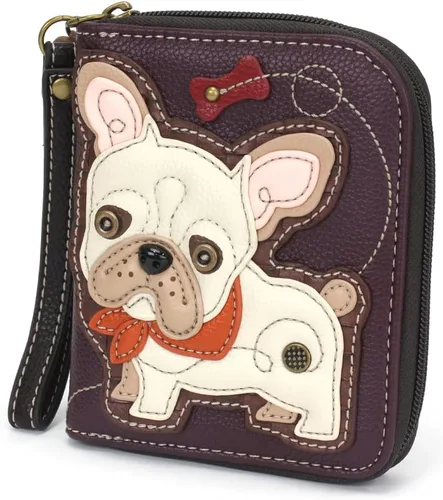 Miniatura 2 de Chala Cartera de piel vegana con cremallera alrededor con correa para la muñeca, Bulldog Francés - Ciruela, Cartera de pulsera