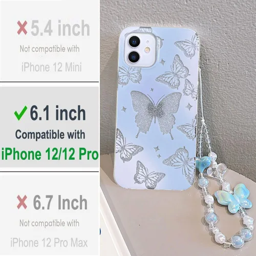 Miniatura 2 de Abbery - Funda diseñada para iPhone 12/12 Pro con purpurina, transparente y linda con diseño de mariposa, correa para la muñeca, brillante