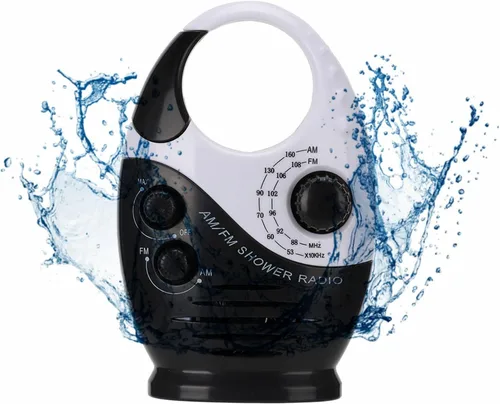 Radio de ducha impermeable, radio AM/FM con altavoces de volumen ajustables, altavoces portátiles alimentados por batería con mango de gancho para