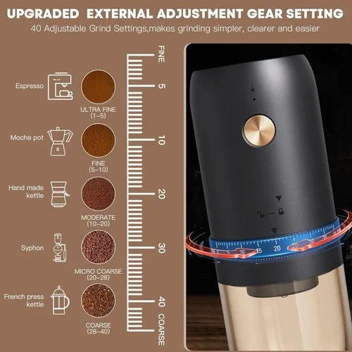 Miniatura 2 de Molinillo de café eléctrico portátil, mejorado externo ajustable 40 niveles de ajuste fino a grueso, rebabas cónicas de acero inoxidable recargables