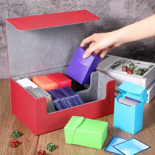 Miniatura 4 de Yexiya 7 cajas de cartas de cubierta, 1 funda de almacenamiento de cuero con 6 cajas de almacenamiento de plástico para jugar Mtg Tcg (rojo, gris)