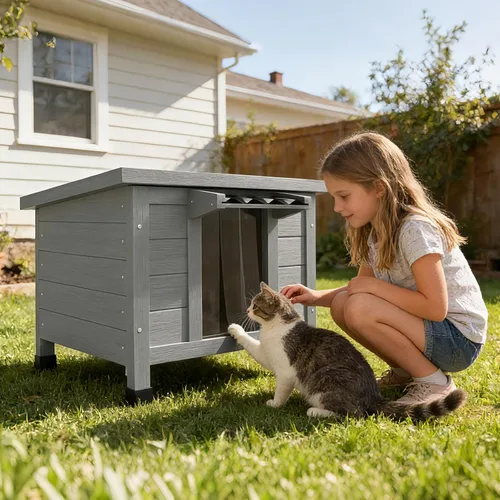 Miniatura 8 de TIMHAKA Casa para Gatos al Aire Libre, Refugio Aislado para Gatos Ferales de Interior Impermeable con Piso Elevado, Gran Recinto Exterior para Gatos