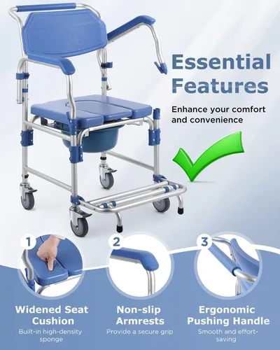 Miniatura 3 de Silla de ruedas con brazos caídos y ruedas bloqueables, silla de ducha de aluminio impermeable, capacidad de 330 libras, inodoros portátiles