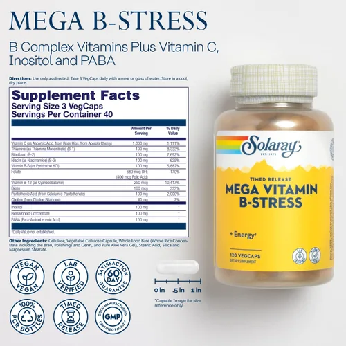 Miniatura 2 de SOLARAY Mega Vitamina B-Stress, Complejo de Vitamina B de Liberación Prolongada con 1000 mg de Vitamina C para Estrés, Energía, Glóbulos Rojos