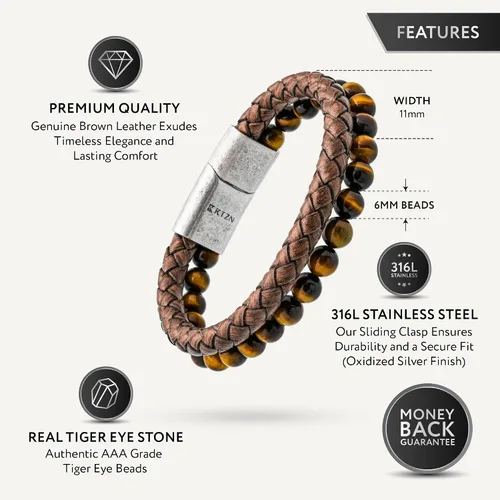 Miniatura 31 de RTZN® Brown Leather Bracelet for Men – Premium Artisan Handcrafted Mens Leather Bracelet – Multi-Stand Mens Bracelet Leather Collection Beaded