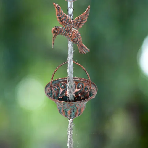 Miniatura 7 de Cadena de lluvia para canalones, cadenas de lluvia de 8.7 pies con 12 tazas y decoración de colibrí desmontable, cadena de captura de lluvia Colibrí