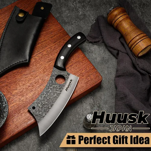 Miniatura 7 de Huusk Knives Japón, cuchillo de carnicero forjado a mano con funda, cuchillo de cocina de acero de alto carbono para carne y verduras, cuchillo