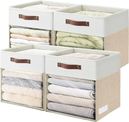 Miniatura 15 de Bagnizer Cubos de Almacenamiento, Paquete de 4 Contenedores de Almacenamiento Plegables de Lino (13 x 13 pulgadas) con Ventana Transparente y Asas