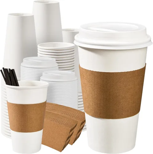 Miniatura 20 de RACETOP Tazas de café de papel de 12 onzas, paquete de 100 tazas de café desechables negras con tapas, tazas de papel caliente con tapas, taza