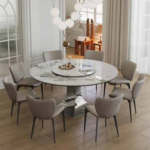 Miniatura 7 de Mesa de comedor redonda, mesa de comedor de piedra sinterizada blanca, base moderna de acero inoxidable sólido