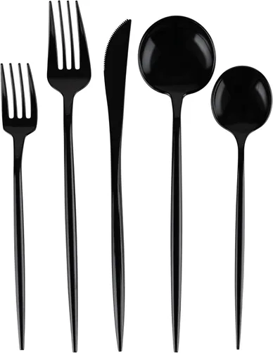 Miniatura 6 de Party Bargains Juego de cubiertos de plástico desechables, 40 unidades, diseño novedoso, negro, 16 tenedores, 8 cuchillos, 16 cucharas, utensilios